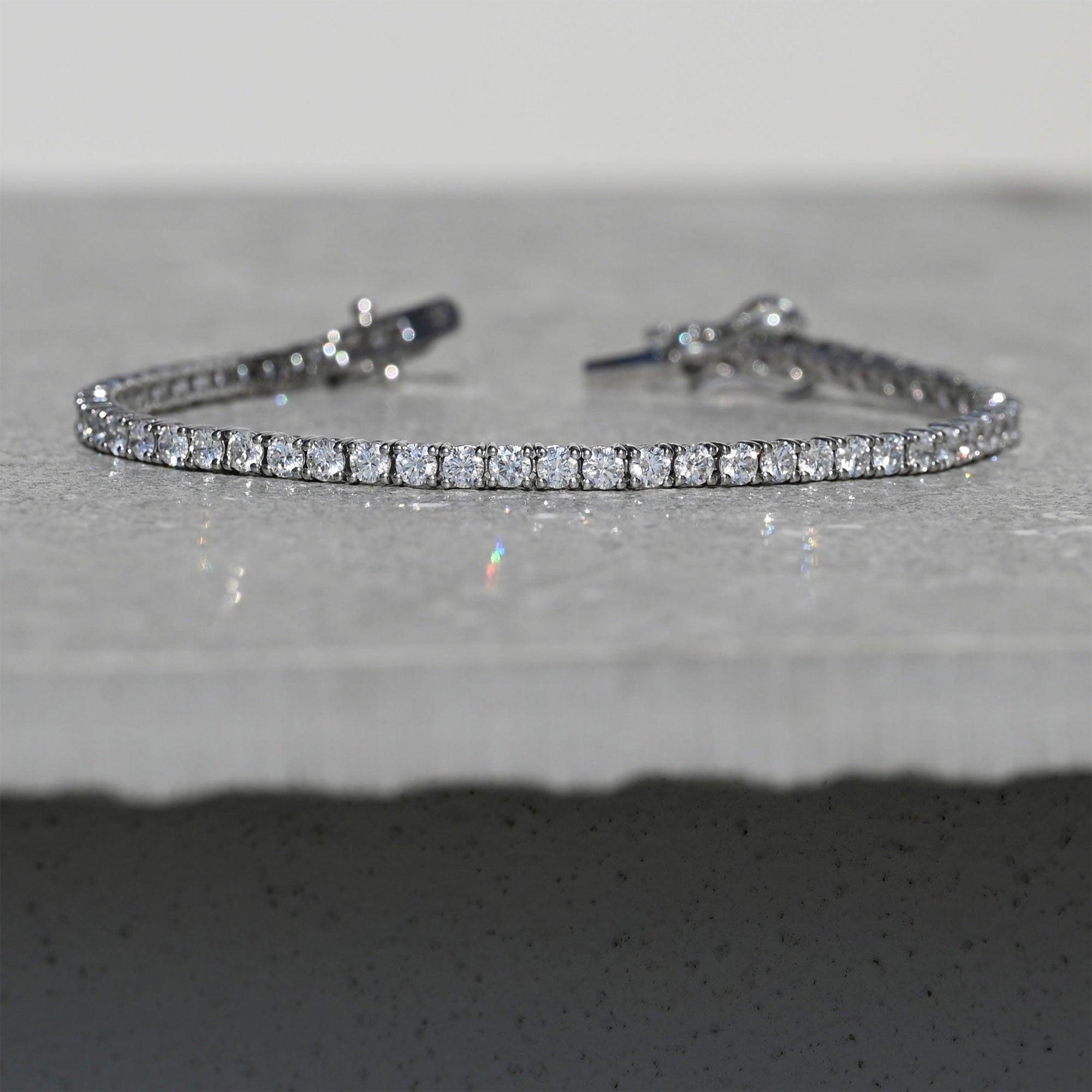 5ct lab diamond tennis bracelet set in 9k white gold with a secure clasp