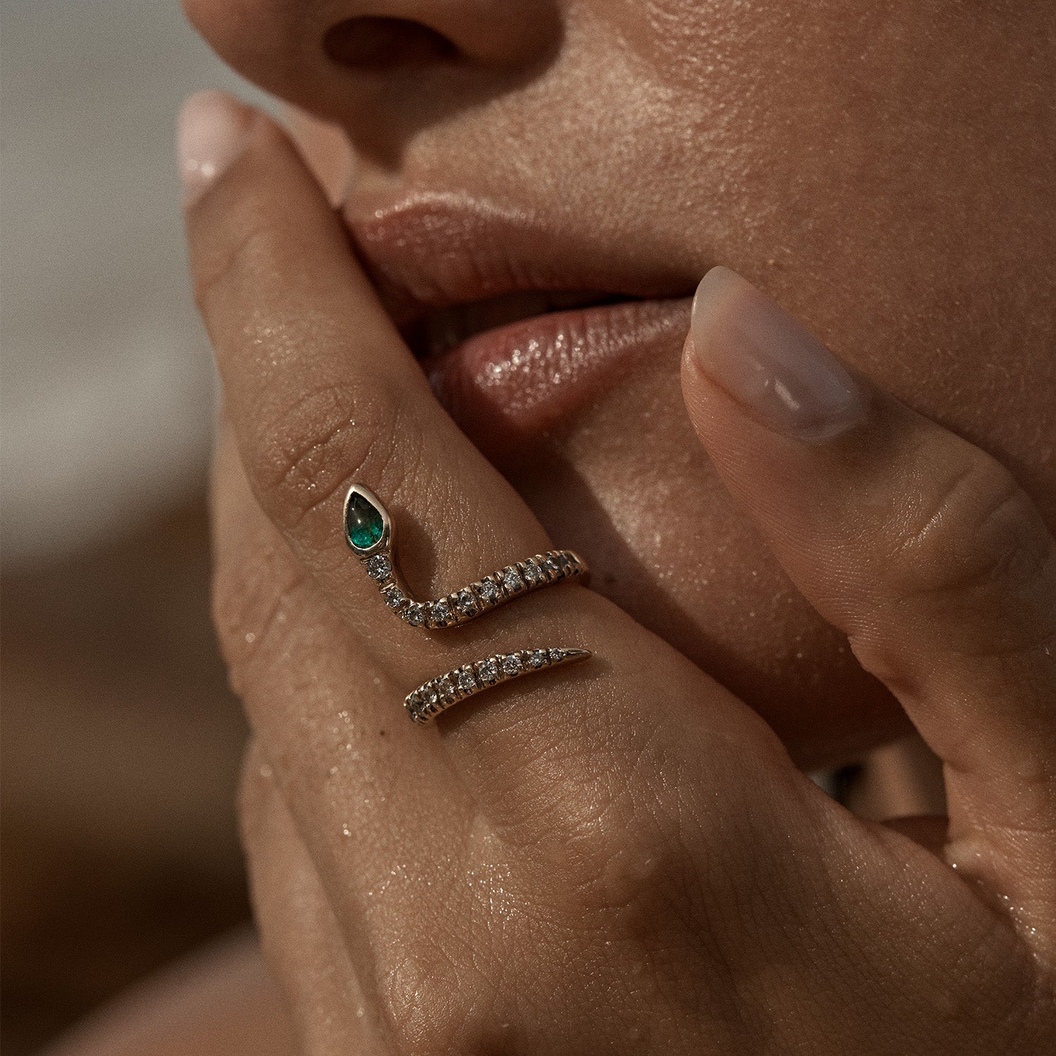 Emerald Snake Ring with Pavé Diamonds