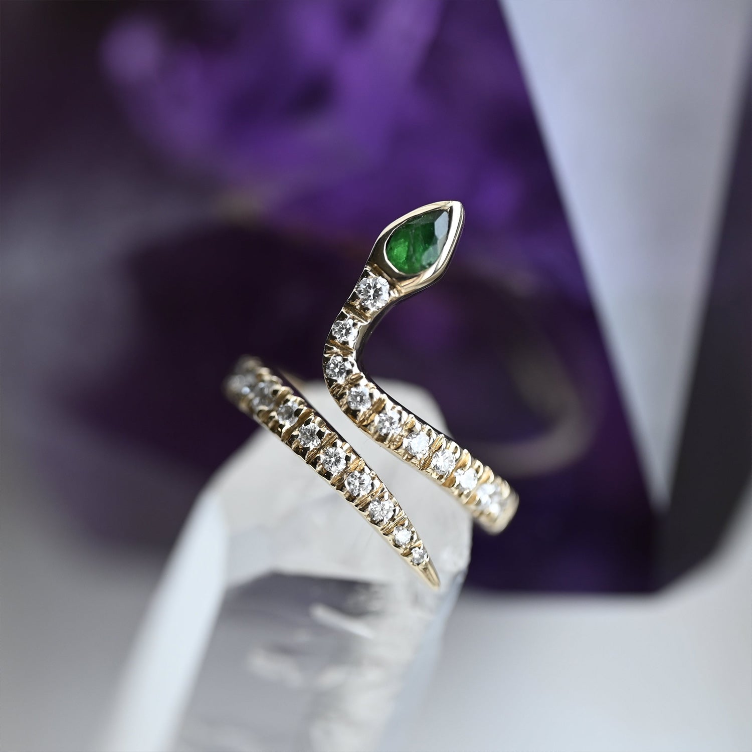 Emerald Snake Ring with Pavé Diamonds