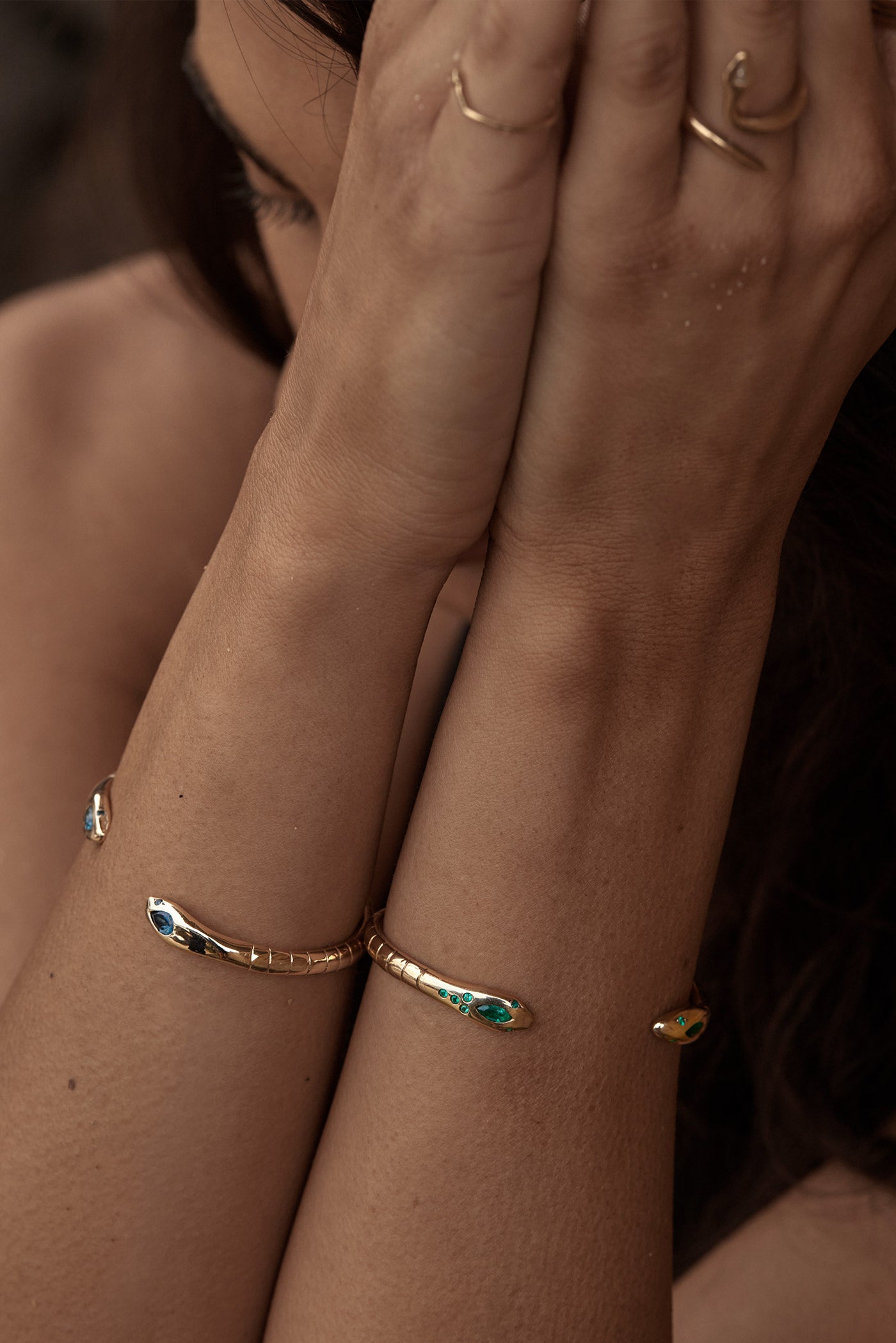 Solid Gold Snake Cuff Blue Topaz Gemstone