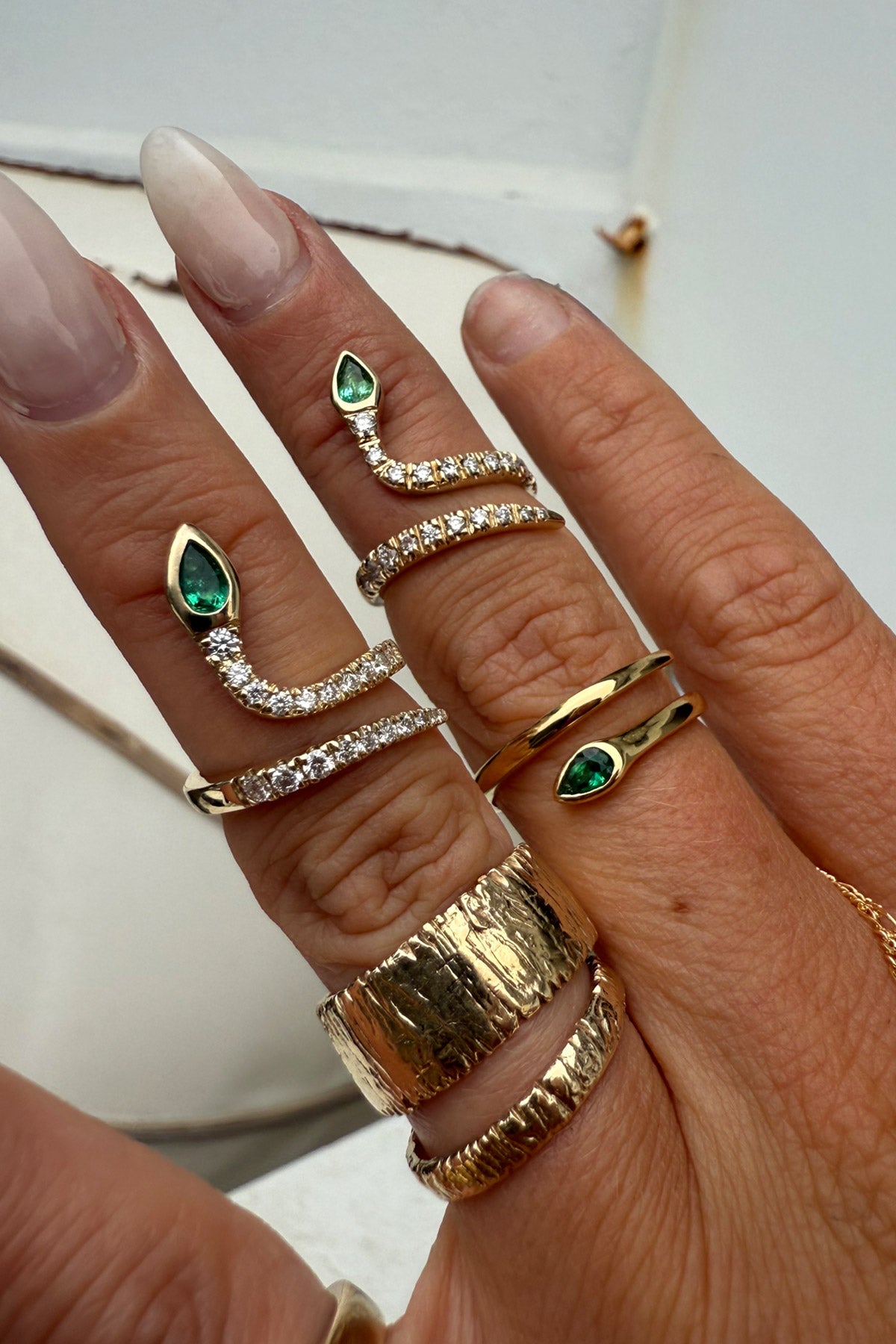 Emerald Snake Ring with Pavé Diamonds