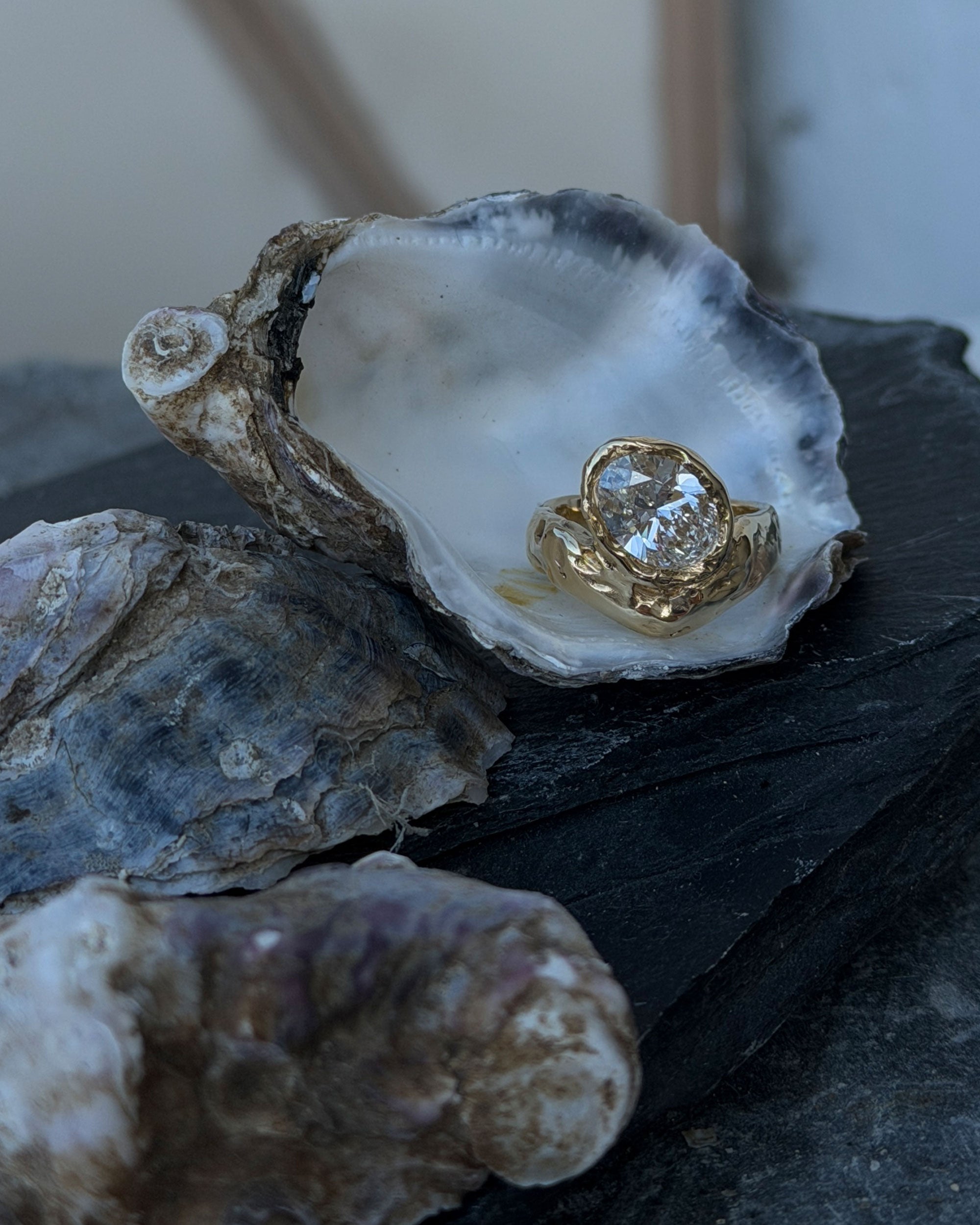 Oyster Heirloom diamond ring in 18ct yellow gold, with a sculptural molten band, resting inside an oyster shell on dark stone