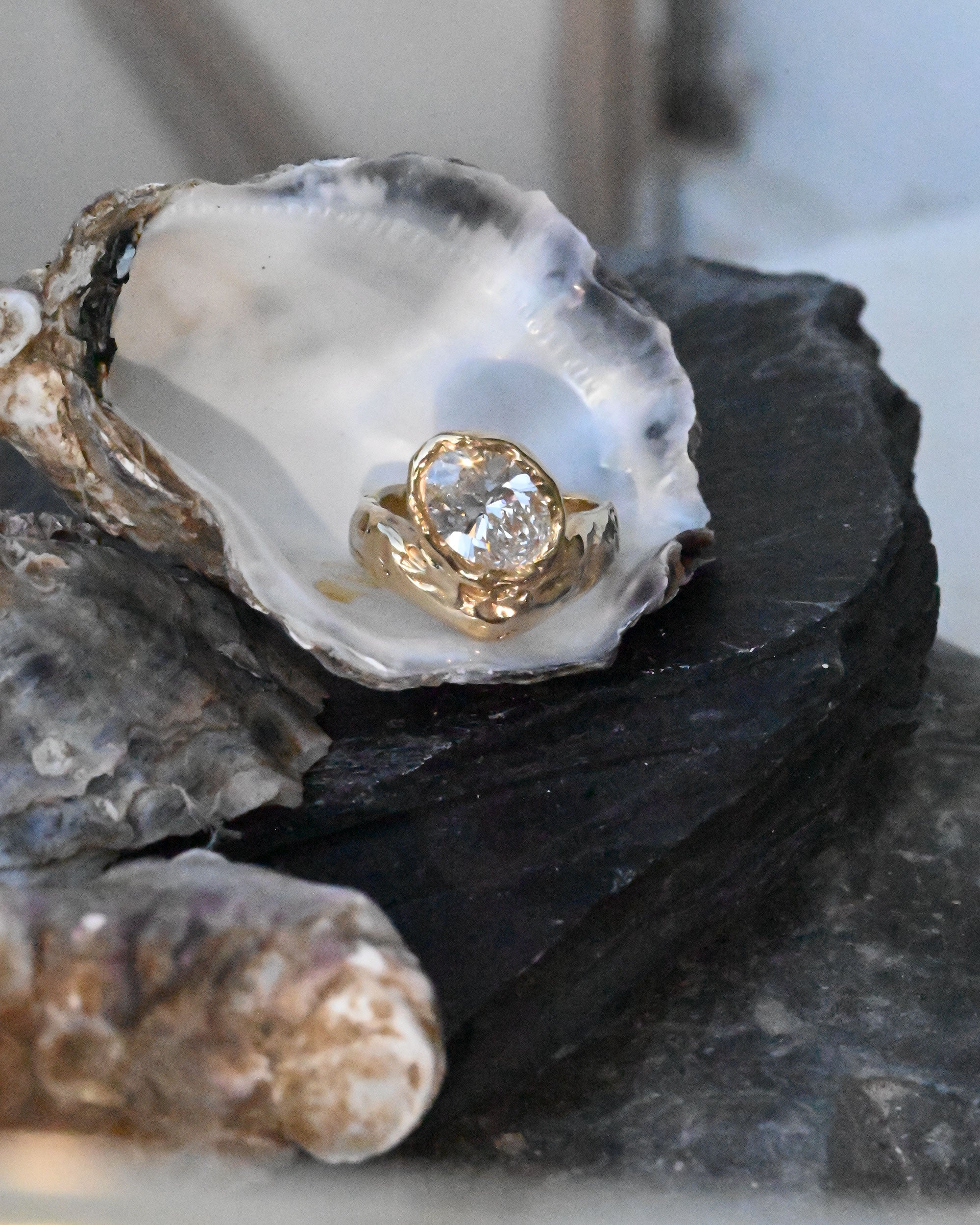 A gold ring with a large clear round diamond is displayed inside an open oyster shell, resting on a dark rock.