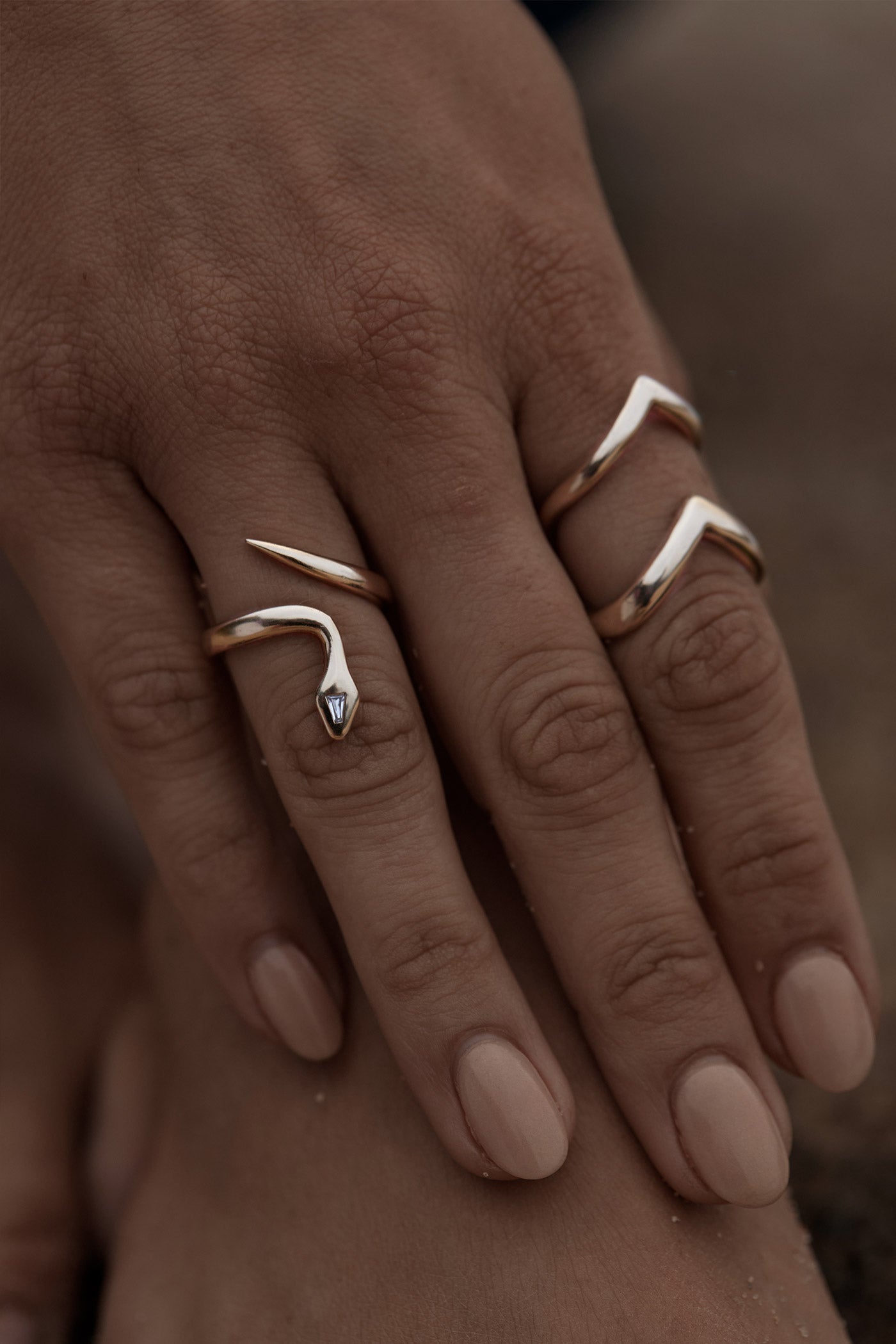 Medusa and Stone Solid Gold Snake Ring